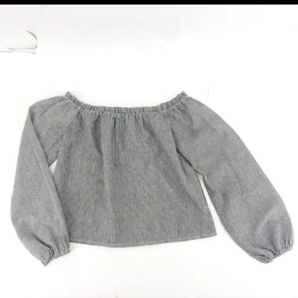 BRANDY MELVILLE THEIA Boxy Crop Peasant Top Pinstripe elastic charcoal white - Picture 10 of 14